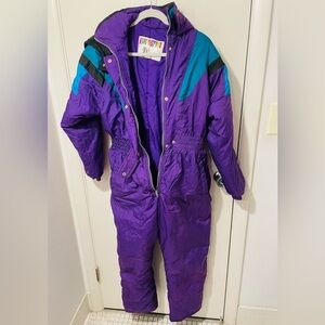 Vtg Paramount big kid Ski Suit One Piece Snowsuit 80s Snow Bib Neon Purple sz 16